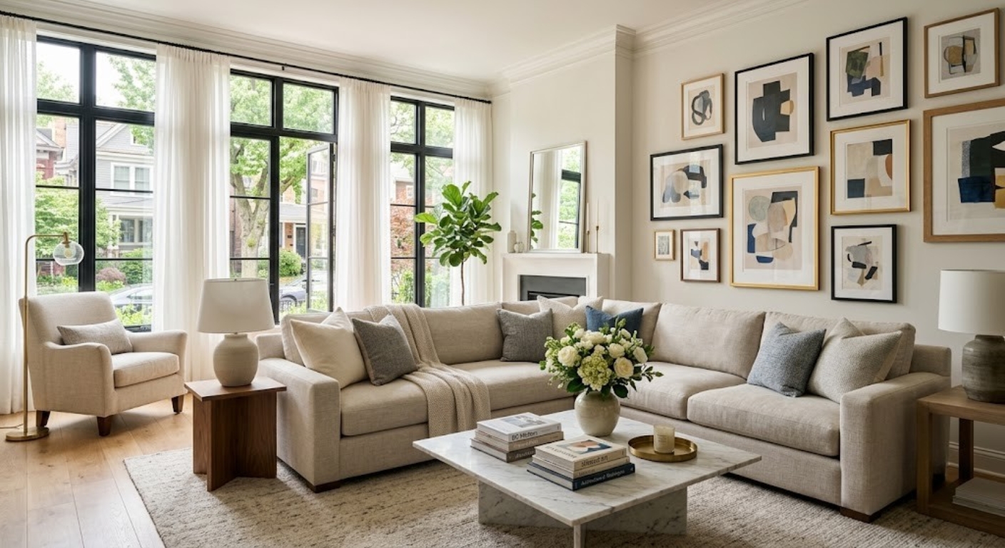 Beautifully staged luxury living room with natural light and neutral furnishings in a Washington DC home for sale