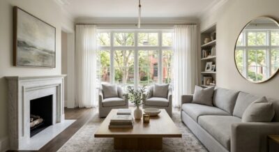 Staged luxury living room with marble fireplace and floor-to-ceiling windows in a Washington DC home