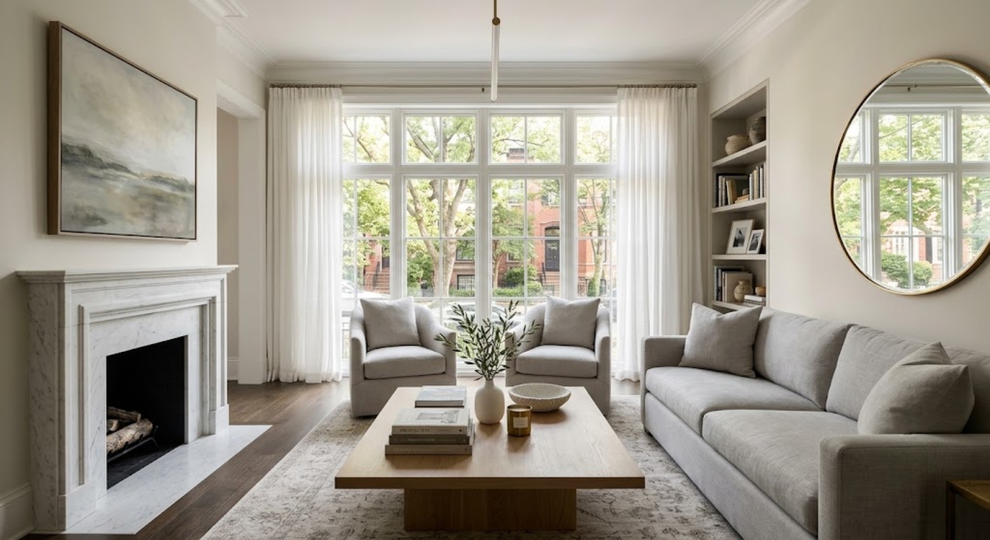 Staged luxury living room with marble fireplace and floor-to-ceiling windows in a Washington DC home