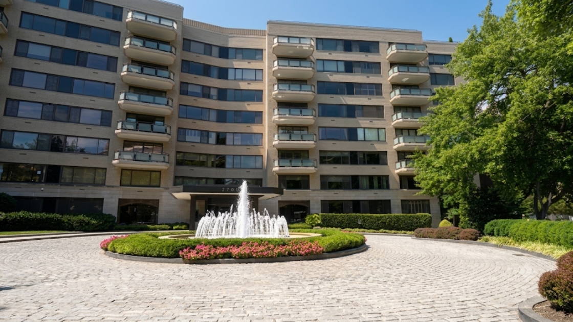 Woodley Park condo building with circular driveway and fountain courtyard in the 20008 zip code